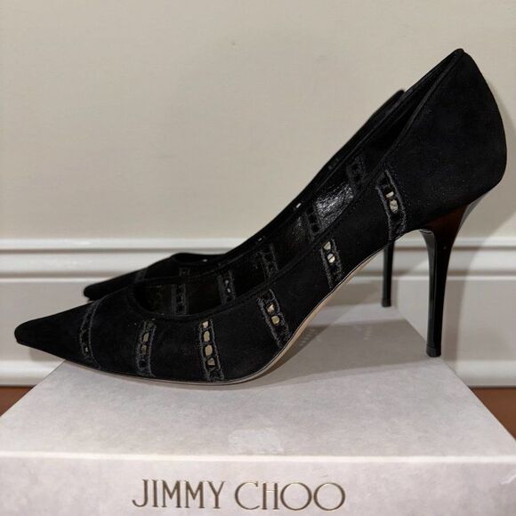Jimmy Choo Black Embroidered Perforated Suede Agnes Heels - Picture 5 of 10